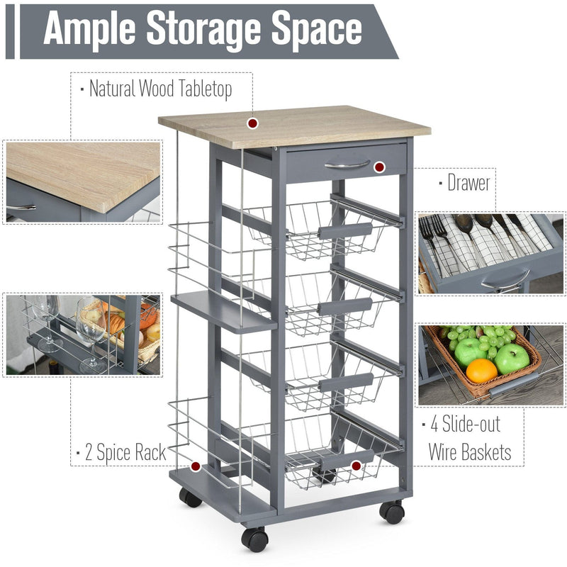 Kitchen Island on Wheels, 4 Baskets, 2 Racks