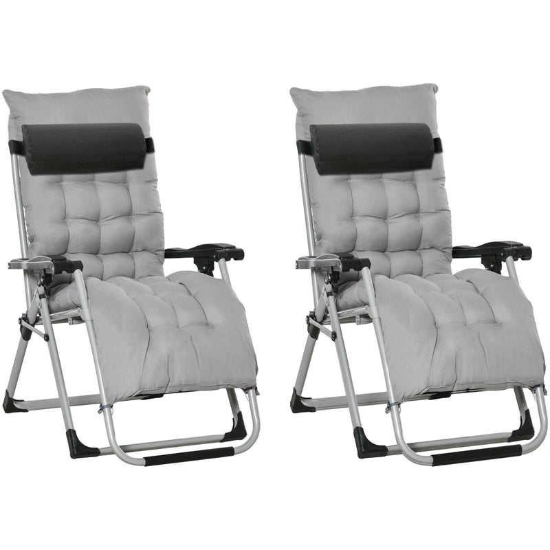 Outsunny 2 Piece Reclining Zero Gravity Chair Folding Garden Sun Lounger with Cushion Headrest Light Grey Outsunny