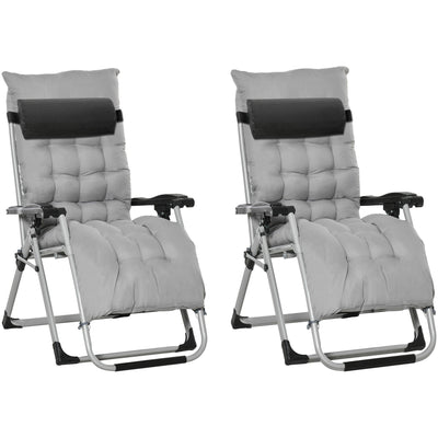 Outsunny 2 Piece Reclining Zero Gravity Chair Folding Garden Sun Lounger with Cushion Headrest Light Grey Outsunny