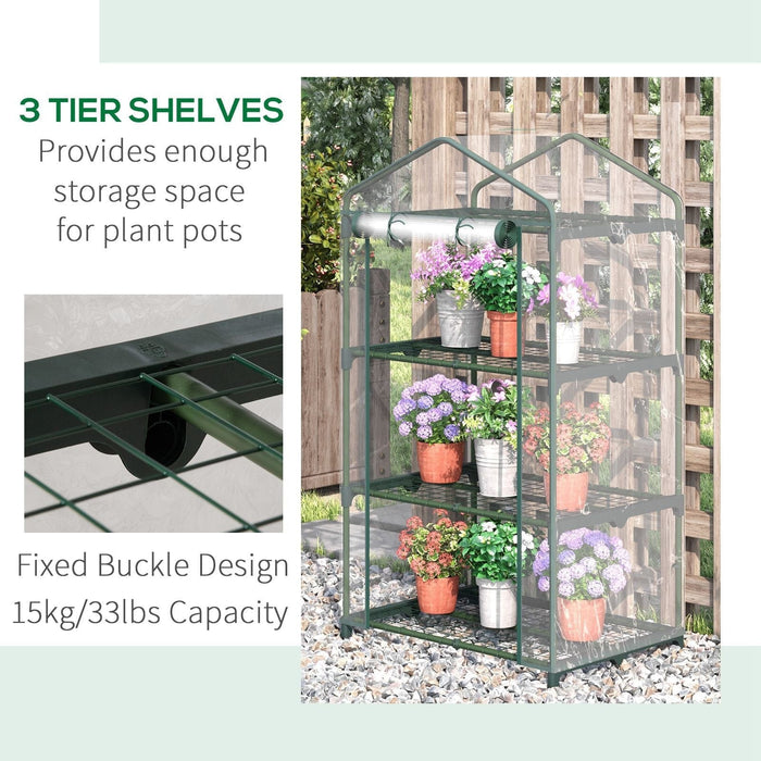 3 Tier Mini Portable Greenhouse, Roll Up Door, 69x49x125cm