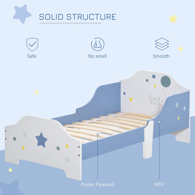 Kids Wooden Bed, Guardrails, Stars, 143x74x59cm, Blue