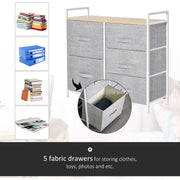HOMCOM 5 Drawer Linen Basket Storage Unit Home Organisation w/ Shelf Handles Metal Frame Adjustable Feet Hallway Home Dresser Grey Homcom