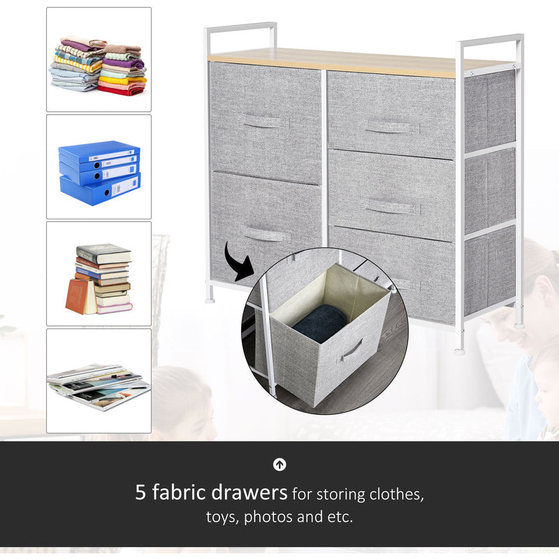 HOMCOM 5 Drawer Linen Basket Storage Unit Home Organisation w/ Shelf Handles Metal Frame Adjustable Feet Hallway Home Dresser Grey Homcom