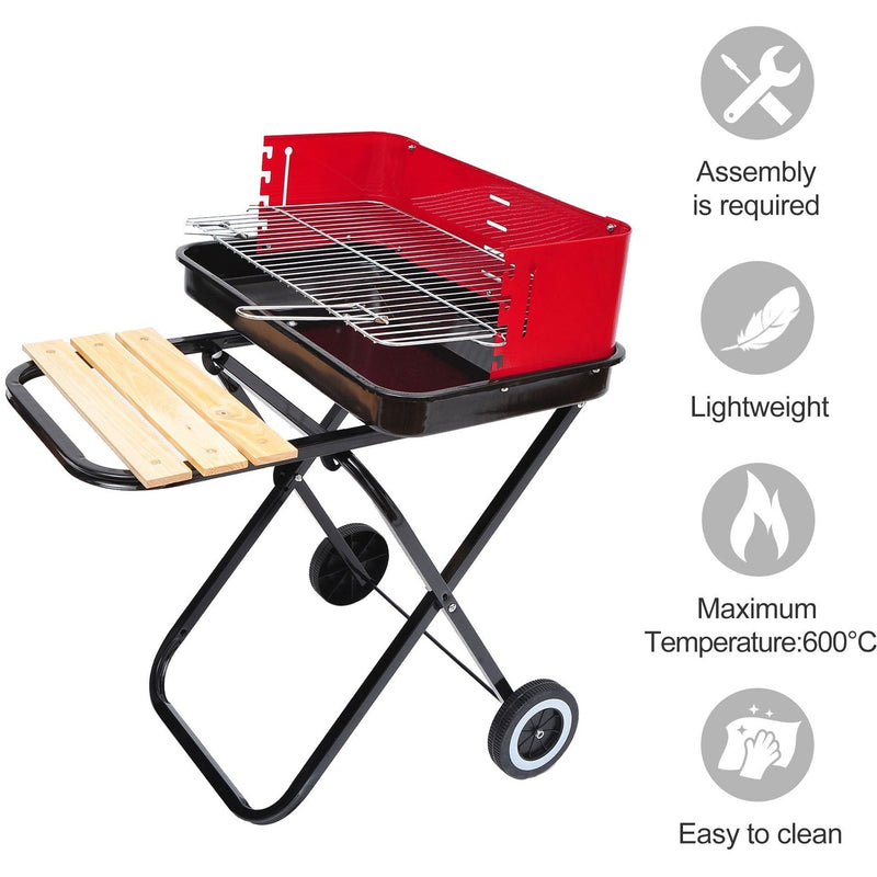 Foldable Charcoal Grill with Wheels - Red & Black