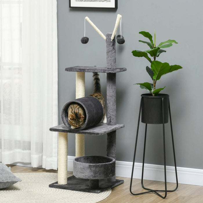 121cm Cat Tower: Bed, Tunnel & Ball Toy, Grey