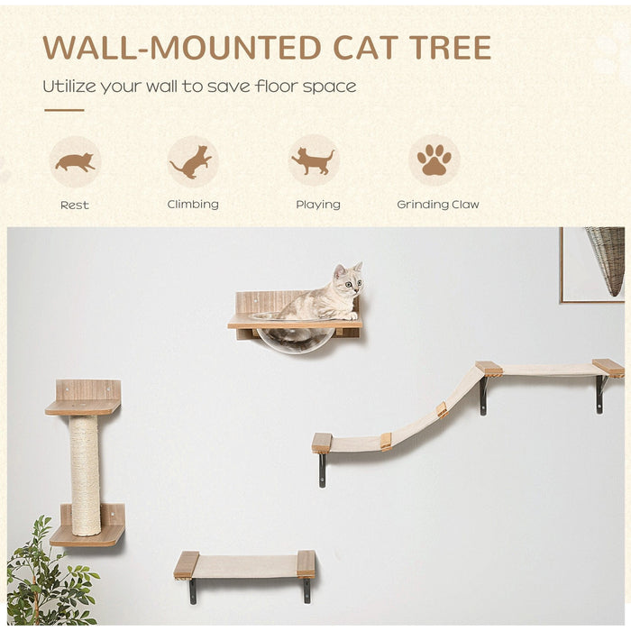 4PC Wall Cat Climbing Shelf, Hammock, Scratch Post, Brown