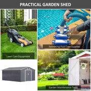 Collage showing lawn care equipment, garden tools and pool supplies stored in the shed