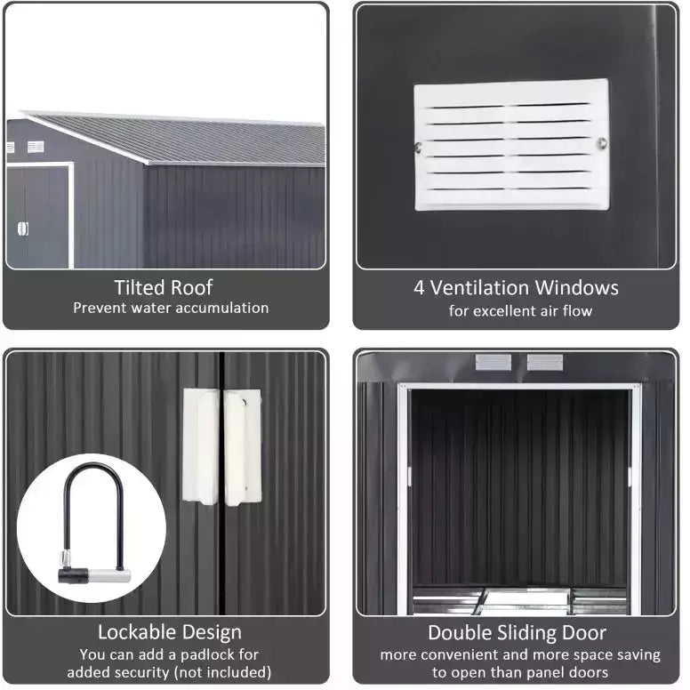 Feature panel for the dark grey shed: sloped roof, four vents, padlock hasp, sliding doors