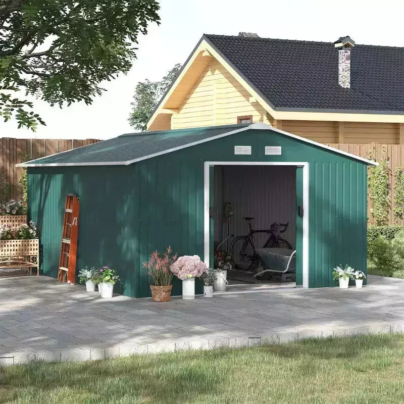 Green 13x11ft metal shed beside a timber house with a ladder and bike stored inside