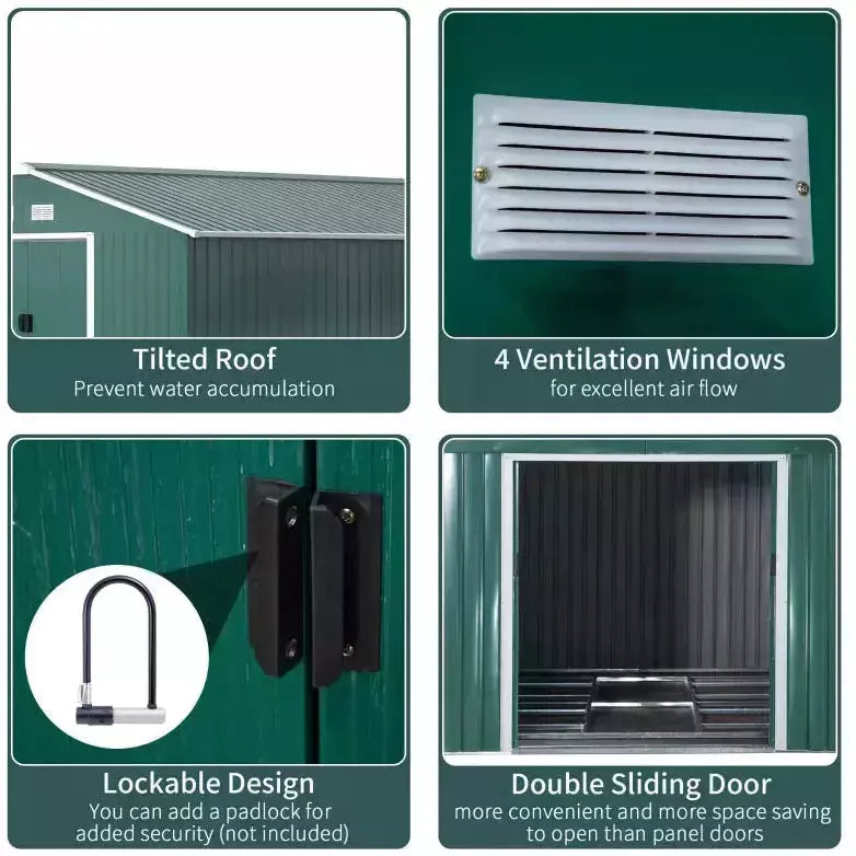 Feature panel for the green shed: sloped roof, four vents, padlock hasp, sliding doors