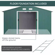Green shed shown with the included steel foundation frame at floor level