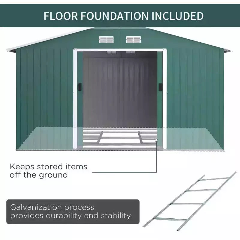 Green shed shown with the included steel foundation frame at floor level