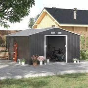 Dark grey 13x11ft metal shed beside a timber house with doors open and a bike inside