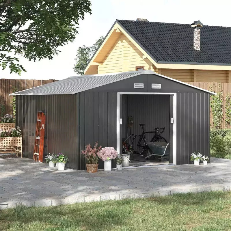 Dark grey 13x11ft metal shed beside a timber house with doors open and a bike inside