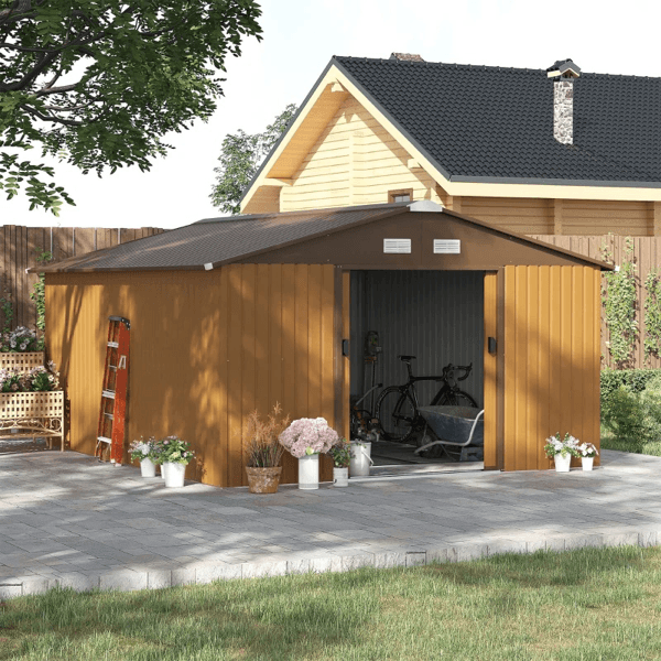 Wood-effect yellow metal shed beside a timber house with the sliding doors open