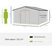 Dimension drawing of the wood-effect shed at 386 x 340 cm with 13.1 square metre footprint