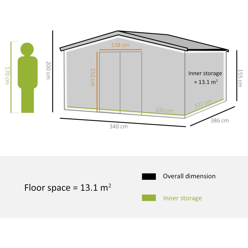 Dimension drawing of the wood-effect shed at 386 x 340 cm with 13.1 square metre footprint