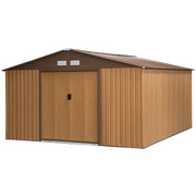 Studio shot of the wood-effect yellow metal garden shed with both doors closed