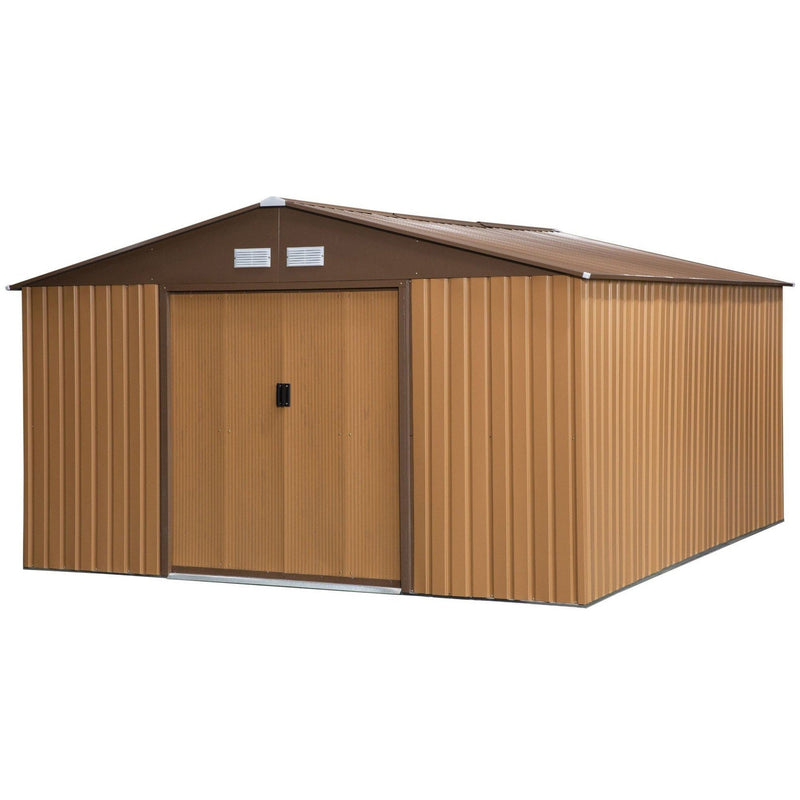 Studio shot of the wood-effect yellow metal garden shed with both doors closed