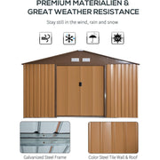 Weather resistance panel for the wood-effect shed with steel frame and panel close-ups
