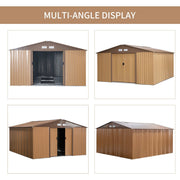 Four-angle display of the wood-effect shed from front, side, rear and above