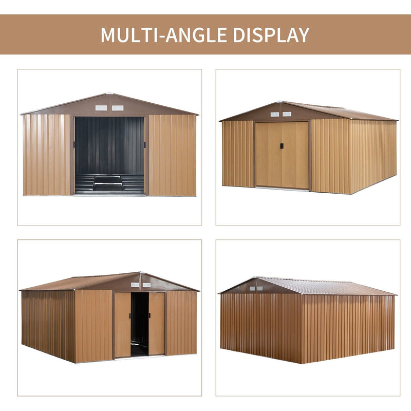 Four-angle display of the wood-effect shed from front, side, rear and above