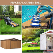 Wood-effect shed collage with a mower, garden tools and pool cleaning kit stored inside