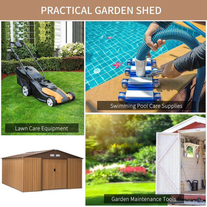 Wood-effect shed collage with a mower, garden tools and pool cleaning kit stored inside