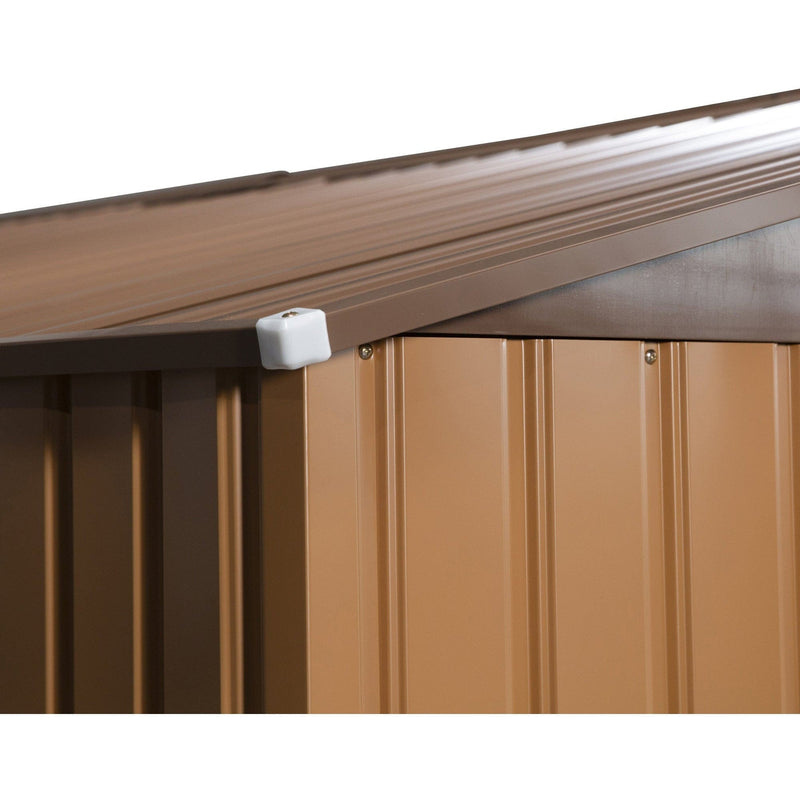 Close-up of the wood-effect roof edge overhanging the ribbed steel wall panels