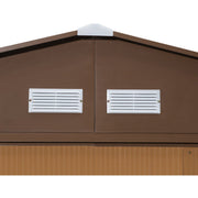 Rear gable of the wood-effect shed showing two white louvred ventilation panels