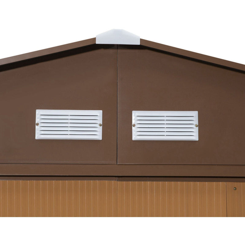 Rear gable of the wood-effect shed showing two white louvred ventilation panels