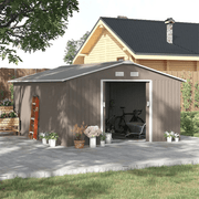 Light grey 13x11ft metal shed beside a timber house with a bike parked inside
