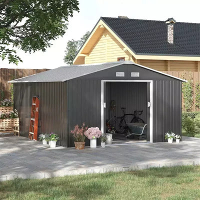 Dark grey 13x11ft metal shed beside a timber house with doors open and a bike inside