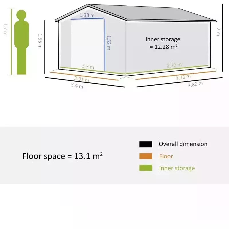 Dimension diagram showing the shed at 386 x 340 cm and 200 cm to the ridge