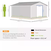 Light grey shed dimension drawing with a note to measure your foundation area first