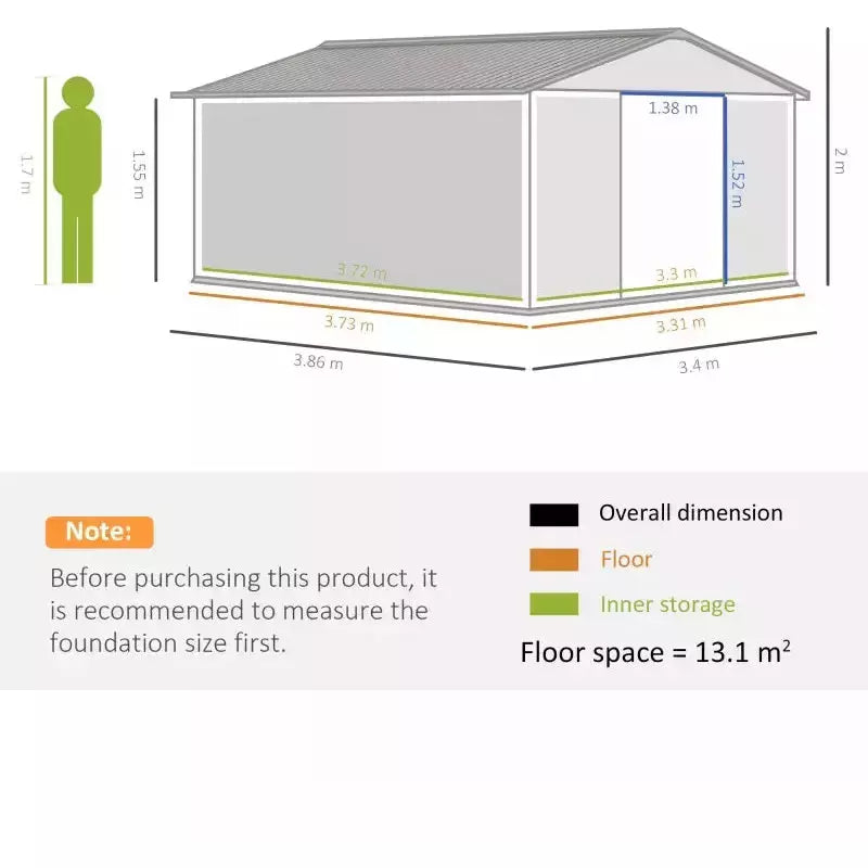 Light grey shed dimension drawing with a note to measure your foundation area first