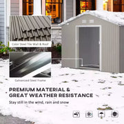 Weather resistance panel for the light grey shed with steel wall and roof close-ups