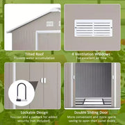 Padlock hasp and open double sliding door shown on the light grey shed