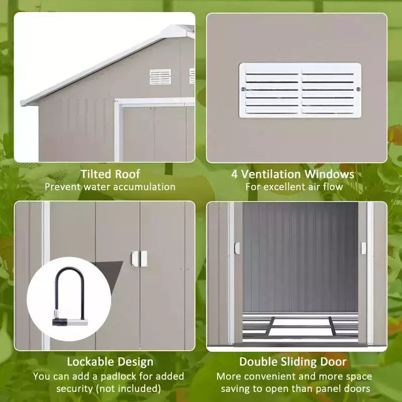 Padlock hasp and open double sliding door shown on the light grey shed
