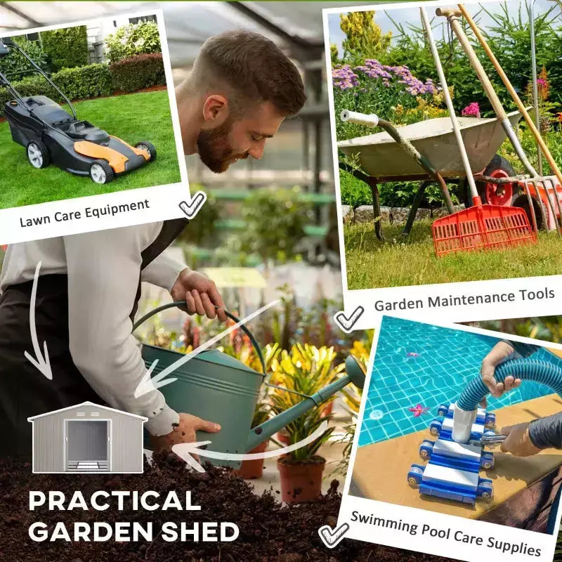 Light grey shed collage showing lawn care, garden maintenance and pool care storage