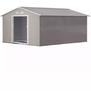 Studio shot of the light grey apex roof shed with one sliding door slid open