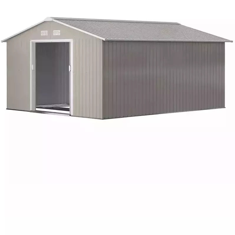 Studio shot of the light grey apex roof shed with one sliding door slid open
