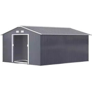 Studio shot of the dark grey shed from the right with one sliding door part open