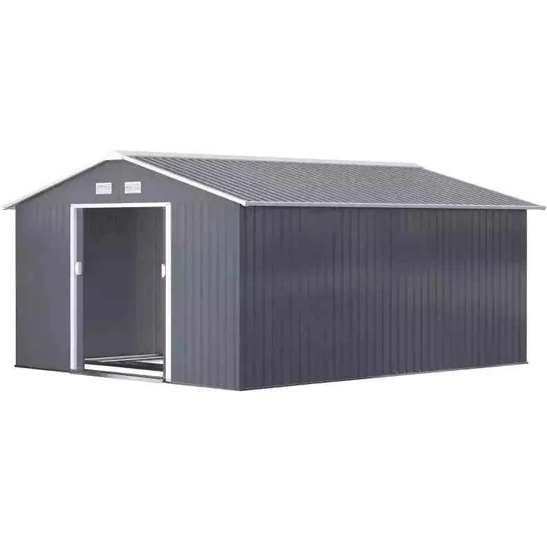 Studio shot of the dark grey shed from the right with one sliding door part open