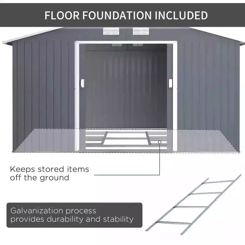 Diagram of the included steel foundation frame that keeps stored items off the ground