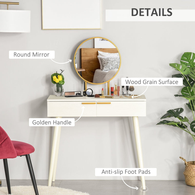 Modern Dressing Table With Round Mirror, 2 Drawers