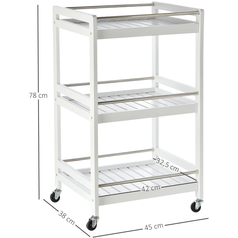 3-Tier Kitchen Storage Trolley, Steel Bars, 4 Wheels, White
