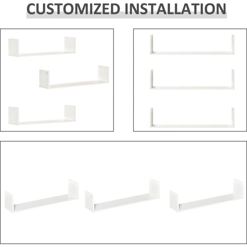 Set of 3 Wooden U-Shaped Floating Shelves, Wall Mounted