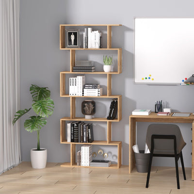 Wooden S Shape Storage Display, 6 Shelves, Room Divider Homcom