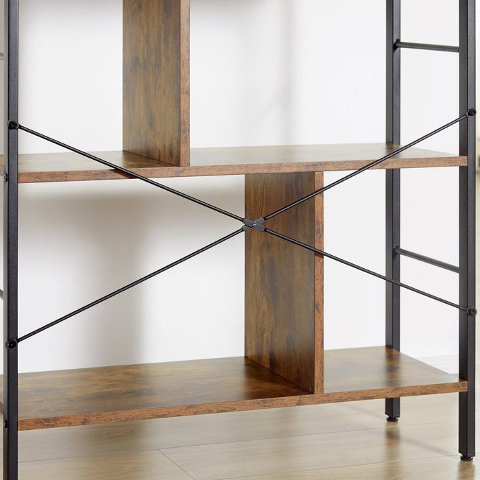5 Shelf Industrial Bookcase, Rustic Brown, Metal Frame